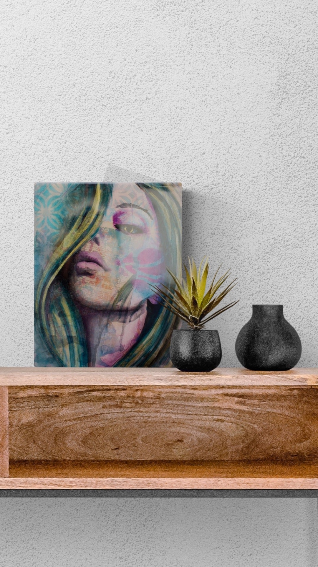 abstract art portait of a Woman on Panel art wall painting Blue Green Gold 8" x 10" artists in melbourne