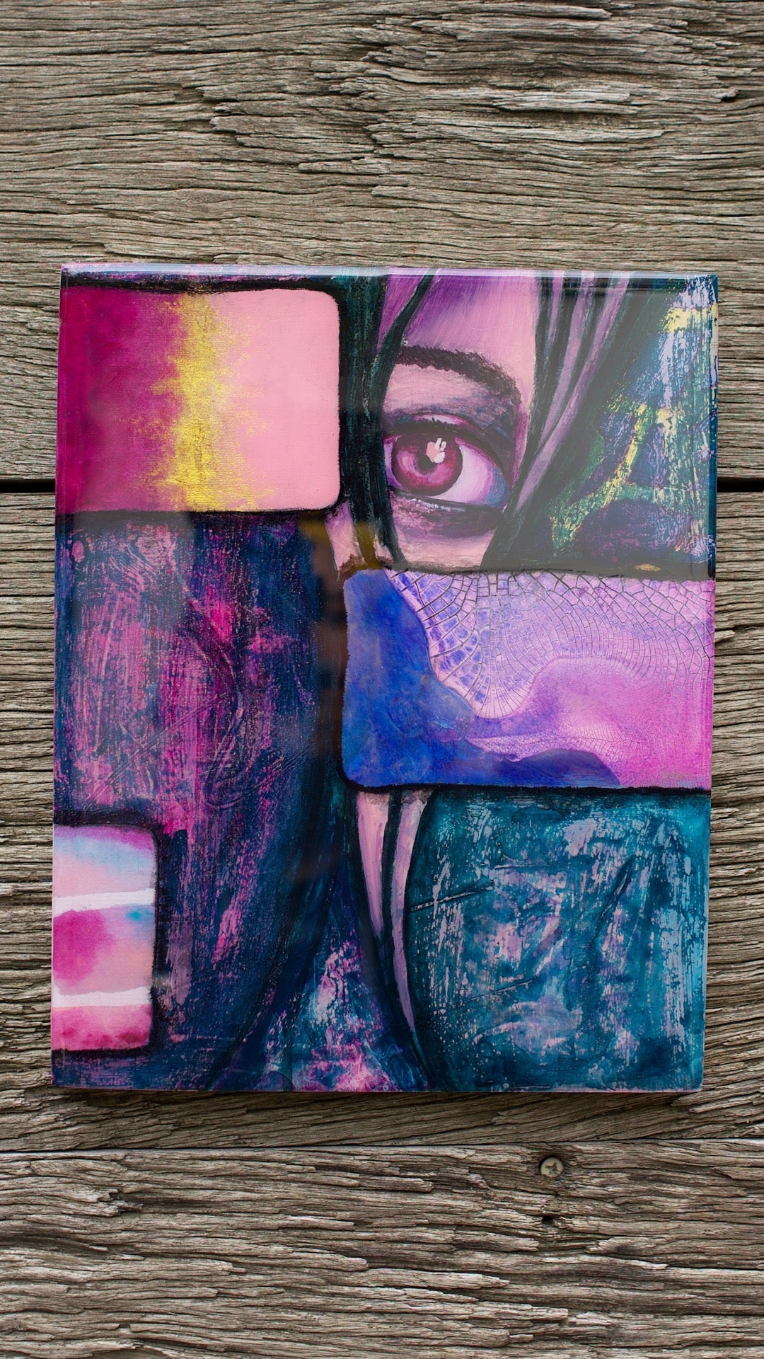 abstract art portait of a Woman on Panel art wall painting magenta, pink, purple 8" x 10" artists in melbourne