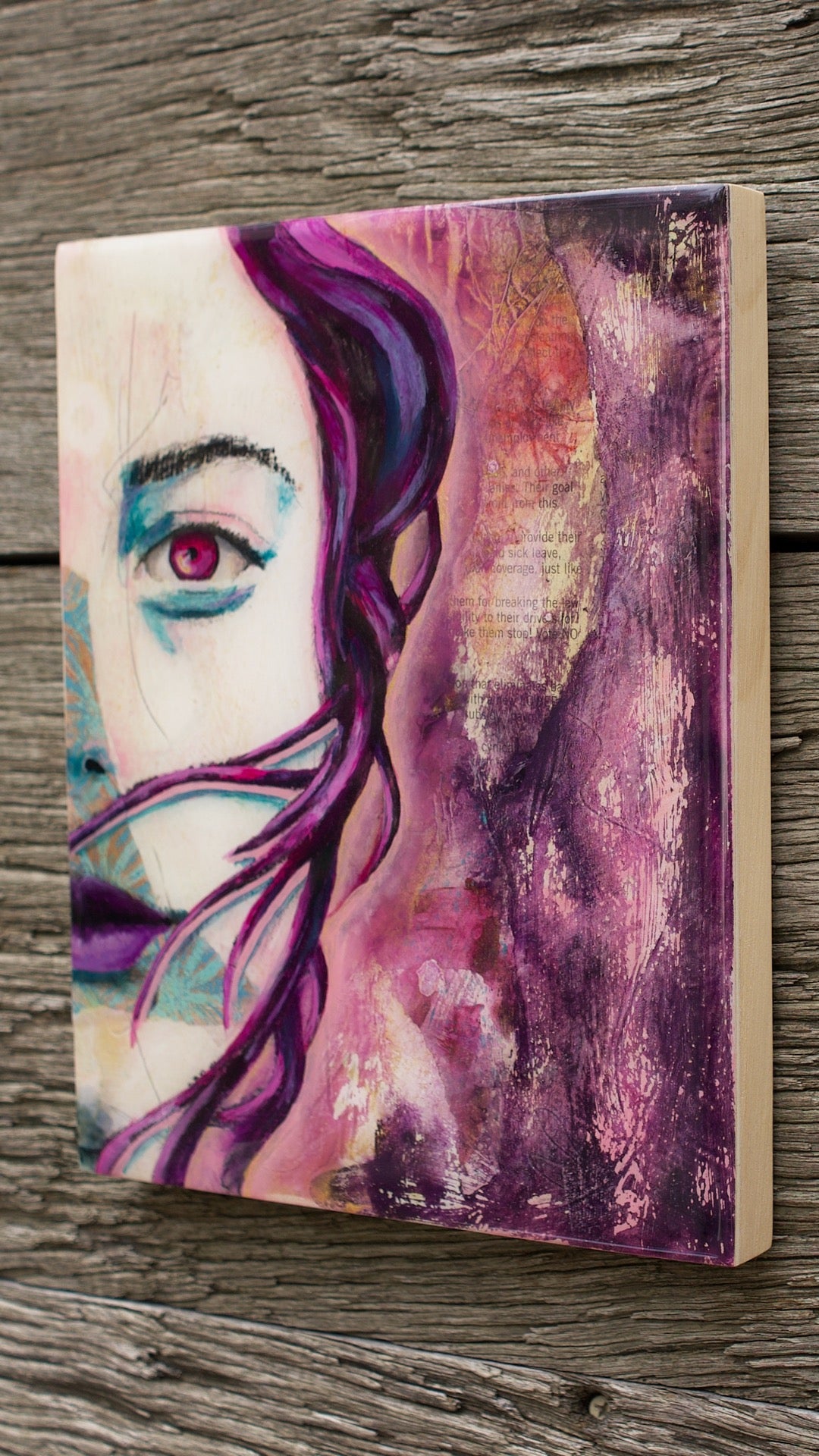 abstract art portait of a Woman on Panel art wall painting Blue, Pink, Purple 8" x 10" artists in melbourne