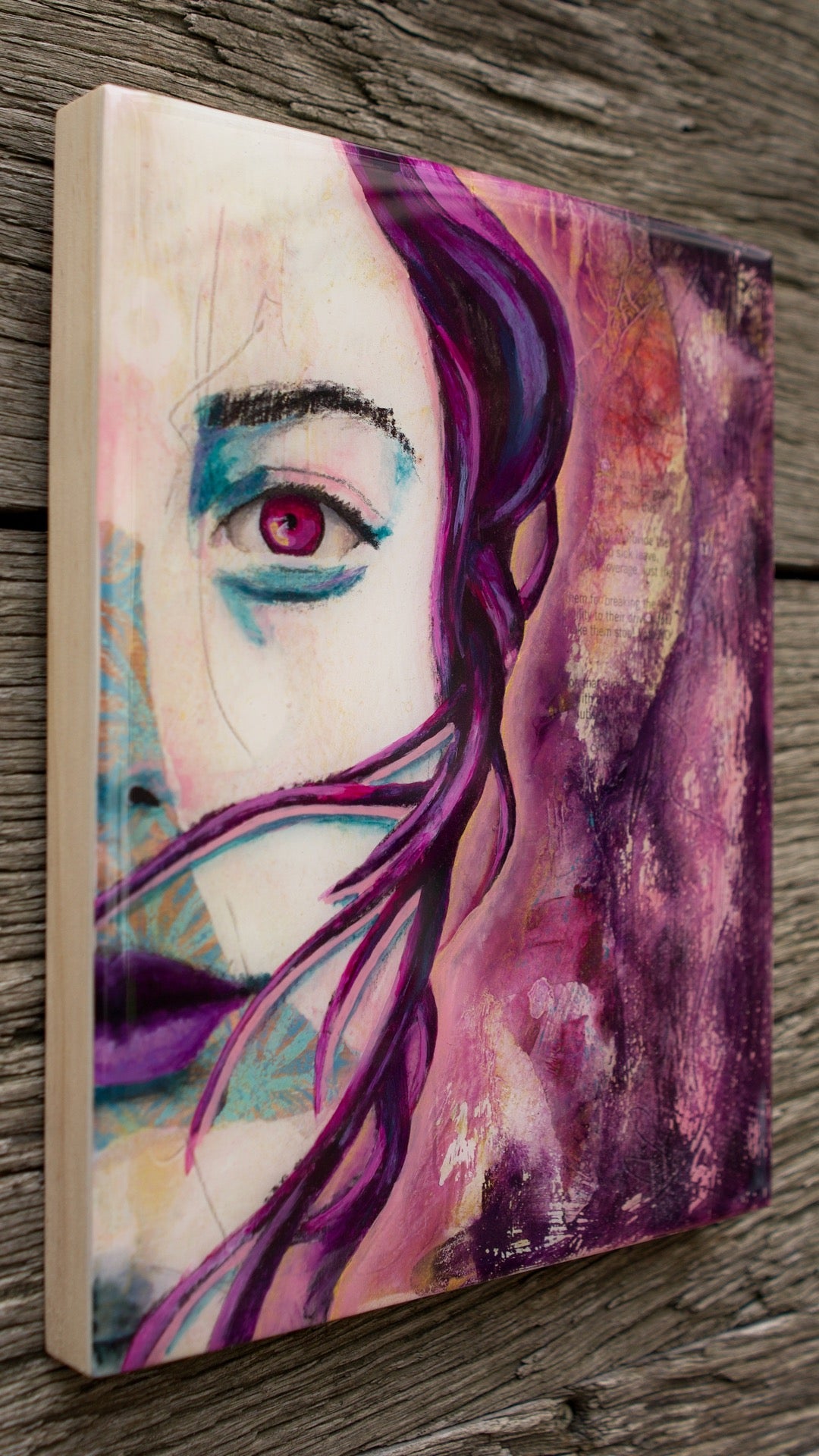 abstract art portait of a Woman on Panel art wall painting Blue, Pink, Purple 8" x 10" artists in melbourne