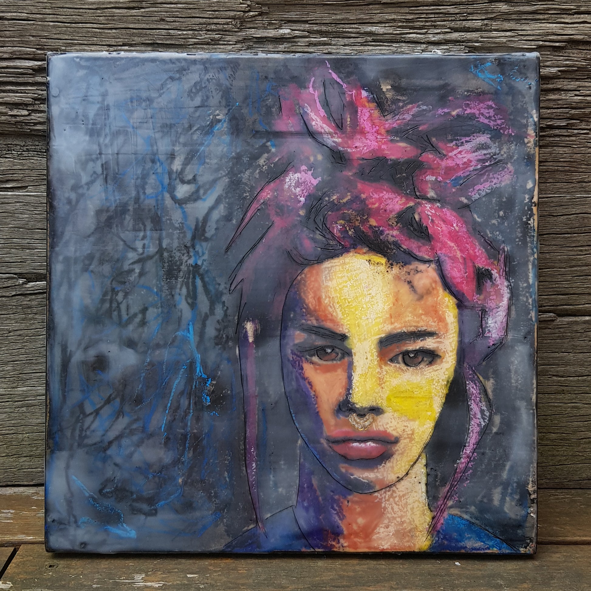 Encaustic portrait of a Womanwith pink hair Encaustic Art, Mixed Media Encaustic painting Small Art for Small Spaces artwork for sale