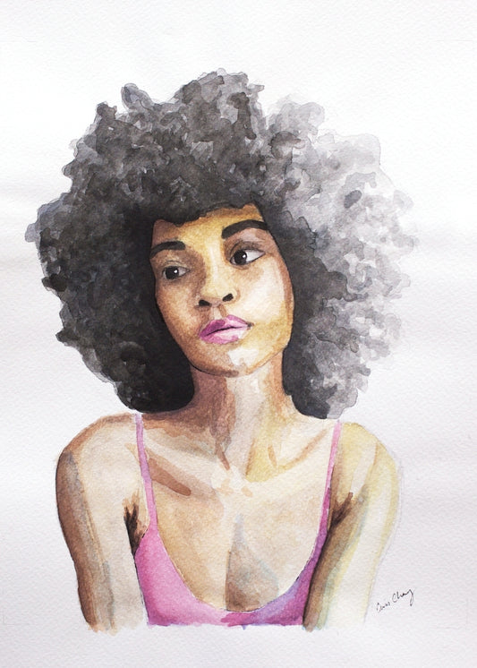 Watercolour Painting of a Woman Daydreaming watercolour portrait art 'Daydreamer' melbourne wall art Pink, Brown & White 8" x 10"