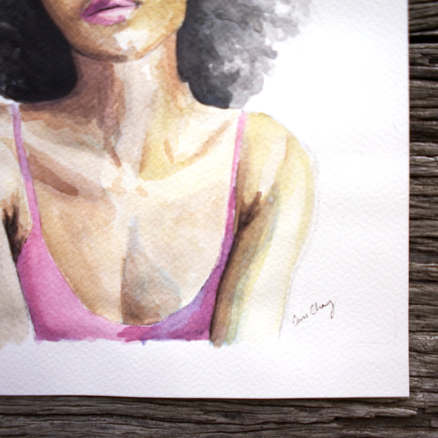 Watercolour Painting of a Woman Daydreaming watercolour portrait art 'Daydreamer' melbourne wall art Pink, Brown & White 8" x 10"