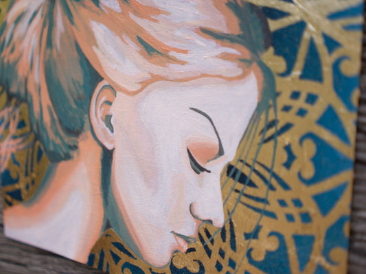 abstract art portait of a Woman on A4 Paper Blue & Gold Stencil Art Street Art paintings melbourne