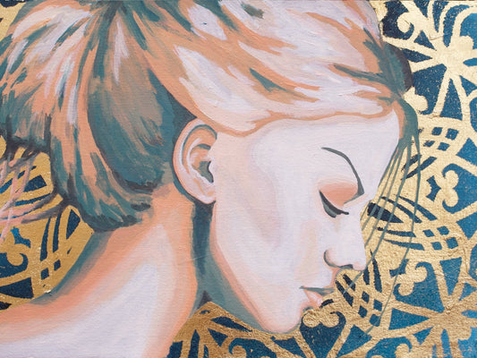 abstract art portait of a Woman on A4 Paper Blue & Gold Stencil Art Street Art paintings melbourne
