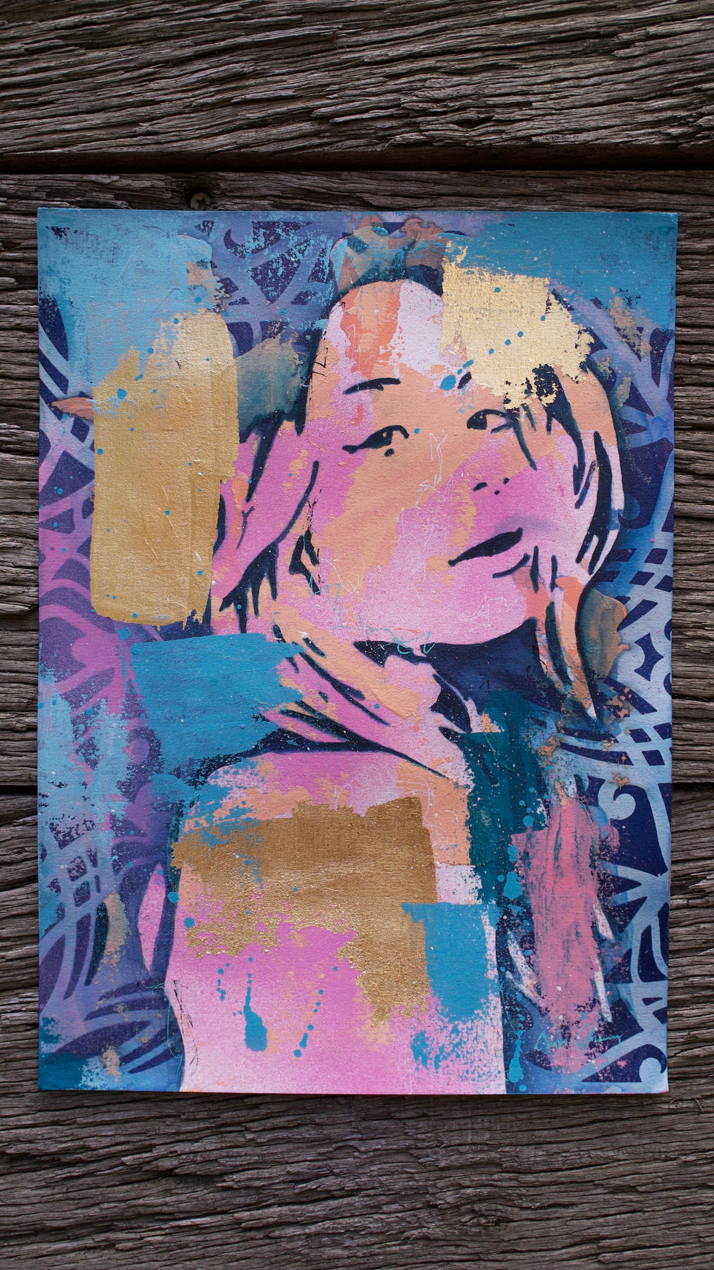 abstract art portait of a Woman on A4 Paper Blue & Gold Street Art Stencil Art melbourne wall art