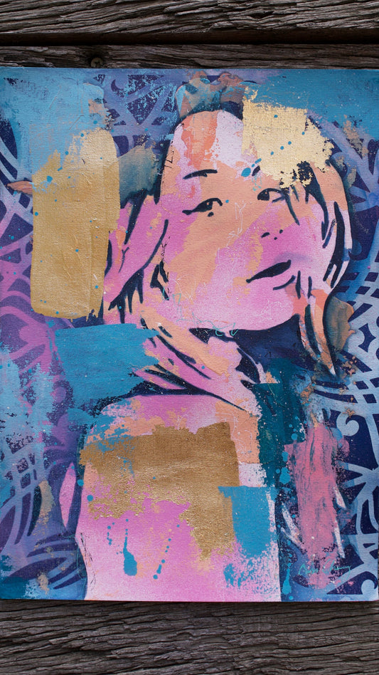 abstract art portait of a Woman on A4 Paper Blue & Gold Street Art Stencil Art melbourne wall art