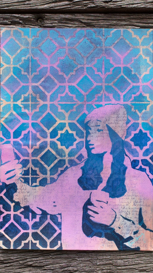 abstract art portait of a Woman on A4 Paper Pink & Blue Stencil Art Street Art Style melbourne wall art