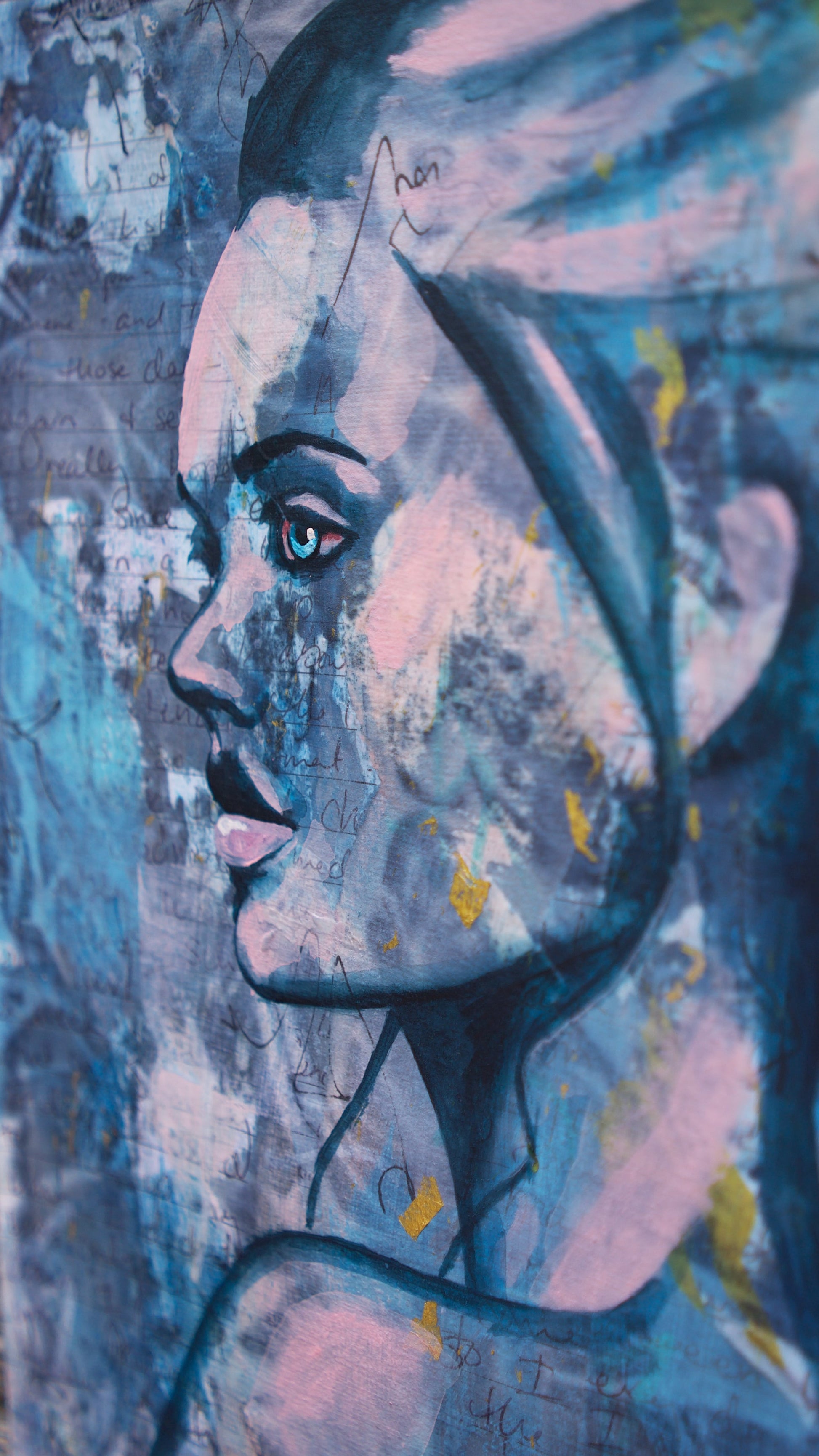 abstract art portait of a Woman on A4 Paper Blue & Pink Street Art  Collage Art melbourne wall art