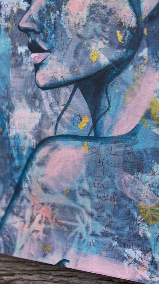 abstract art portait of a Woman on A4 Paper Blue & Pink Street Art  Collage Art melbourne wall art