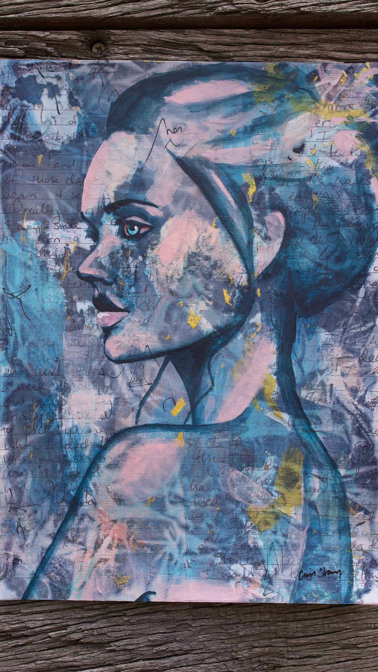 abstract art portait of a Woman on A4 Paper Blue & Pink Street Art  Collage Art melbourne wall art