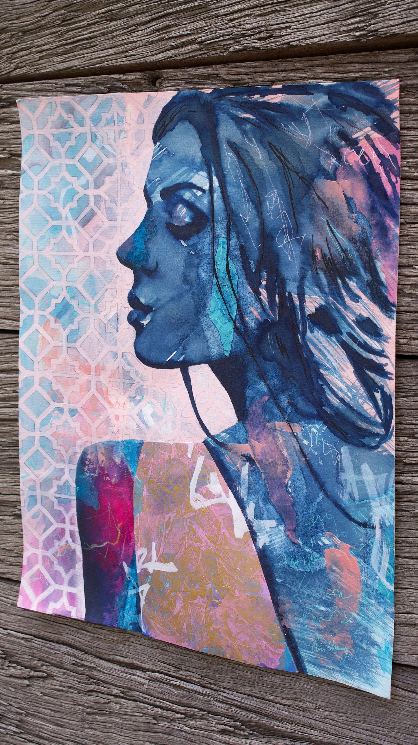 abstract art portait of a Woman on A3 Paper Blue & Pink Stencil Art Street Art paintings melbourne