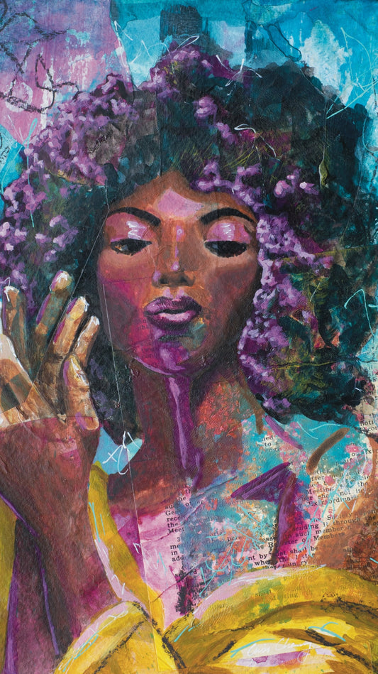 art melbourne mixed media art portrait on A4 Paper 'Come Closer' Teal, Brown, Mustard Yellow 8" x 10” paintings for sale