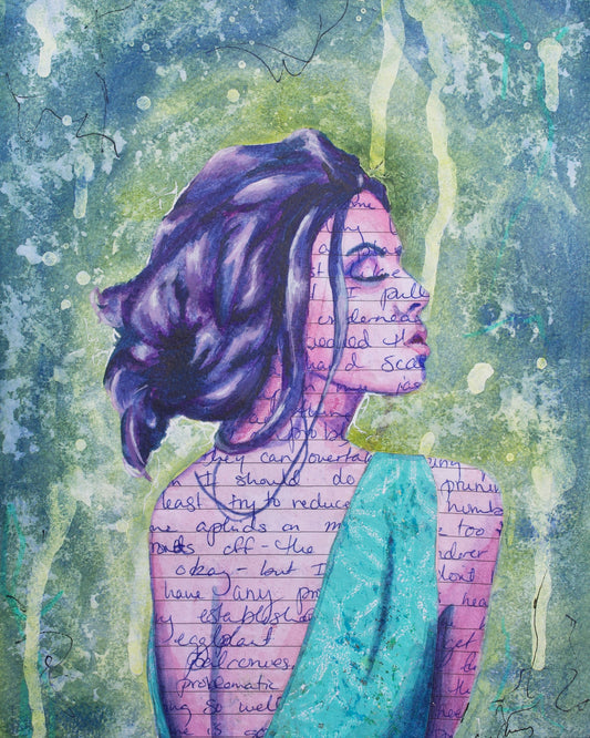 Abstract art portrait of a Woman on A4 Paper 'From Thought' Blue, Green, Purple melbourne wall art paintings for sale