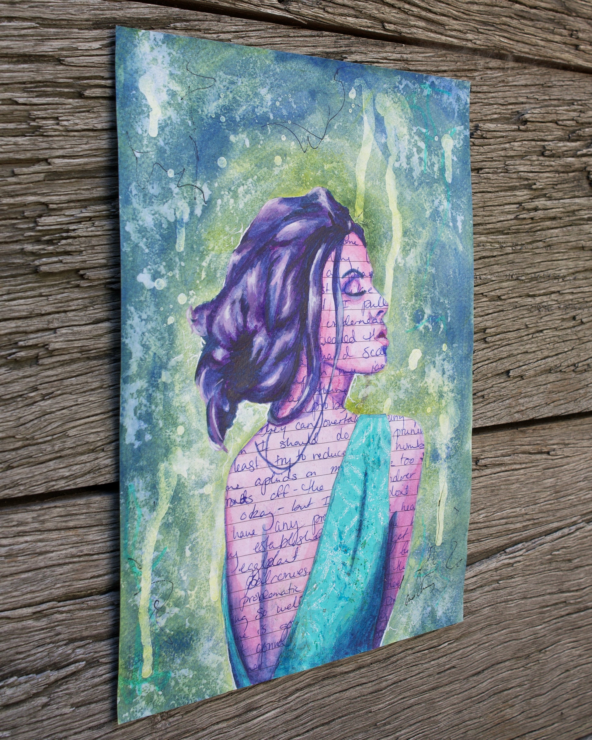 Abstract art portrait of a Woman on A4 Paper 'From Thought' Blue, Green, Purple melbourne wall art paintings for sale