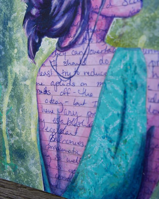 Abstract art portrait of a Woman on A4 Paper 'From Thought' Blue, Green, Purple melbourne wall art paintings for sale