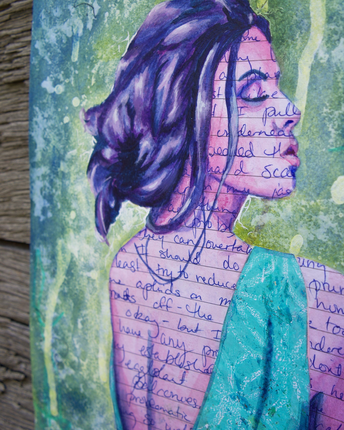 Abstract art portrait of a Woman on A4 Paper 'From Thought' Blue, Green, Purple melbourne wall art paintings for sale