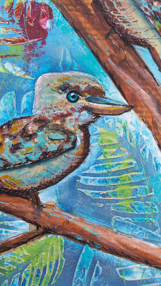 mixed media kookaburras painting blue green brown