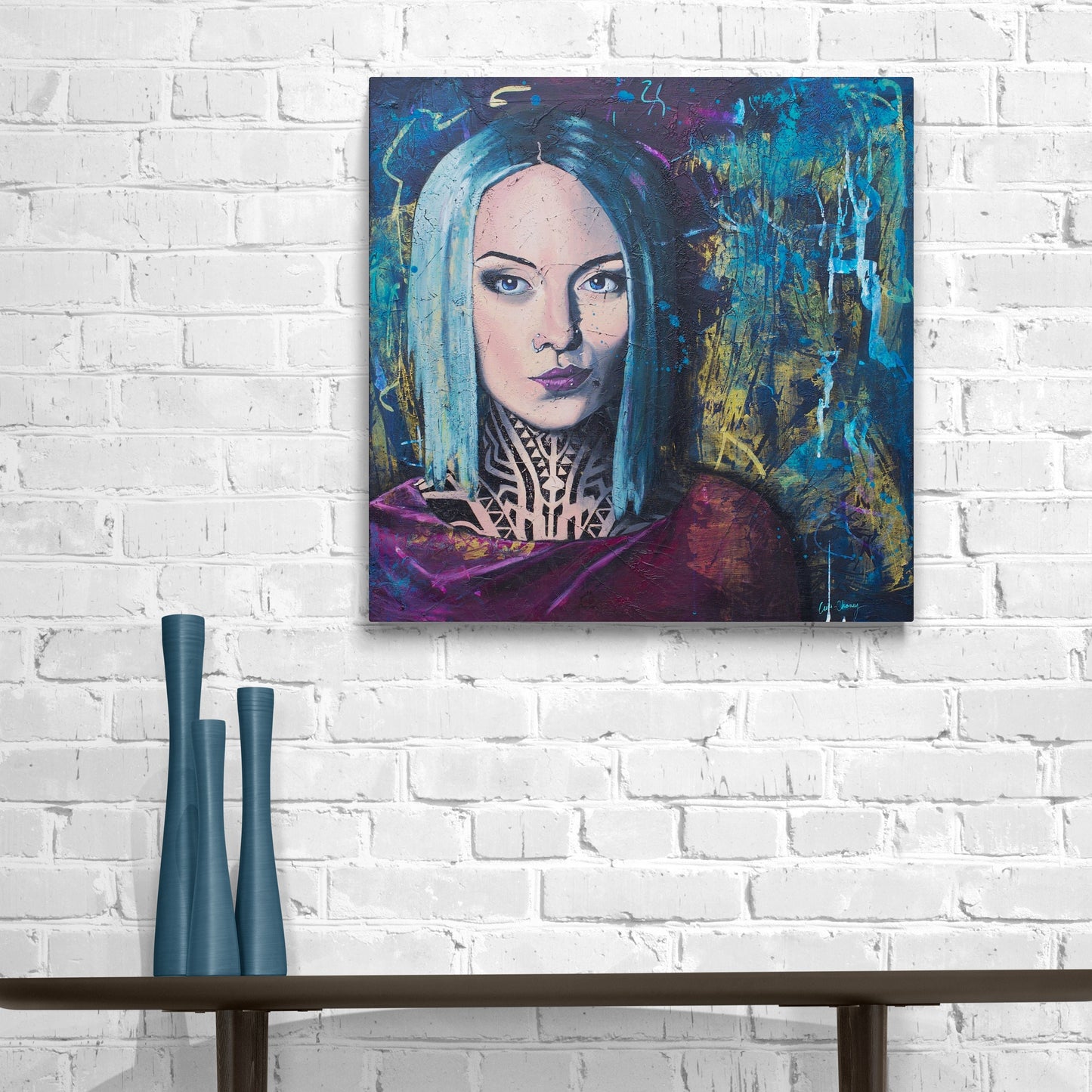 portrait of Teya Salat, portrait painting for sale of Woman with Neck Tattoos and Nose Ring by criss chaney