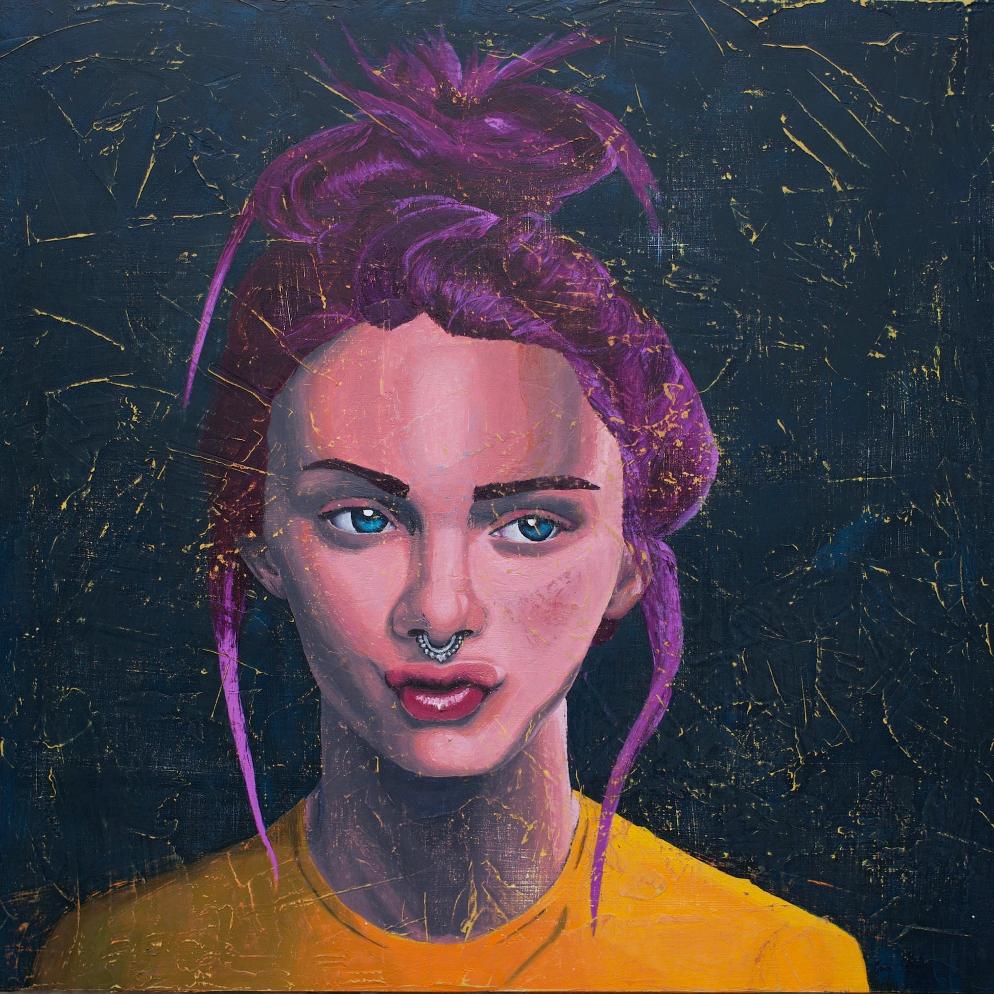 portrait of a Woman with a bull ring, teal, gold, magenta Portrait Art melbourne paintings for sale art online