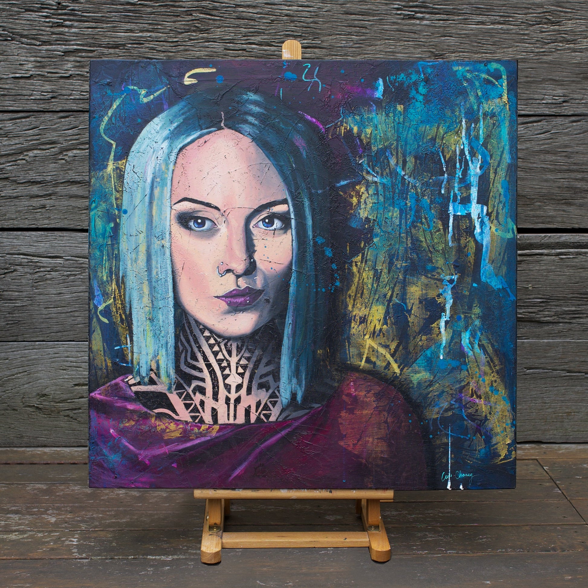 portrait of Teya Salat, portrait painting for sale of Woman with Neck Tattoos and Nose Ring by criss chaney