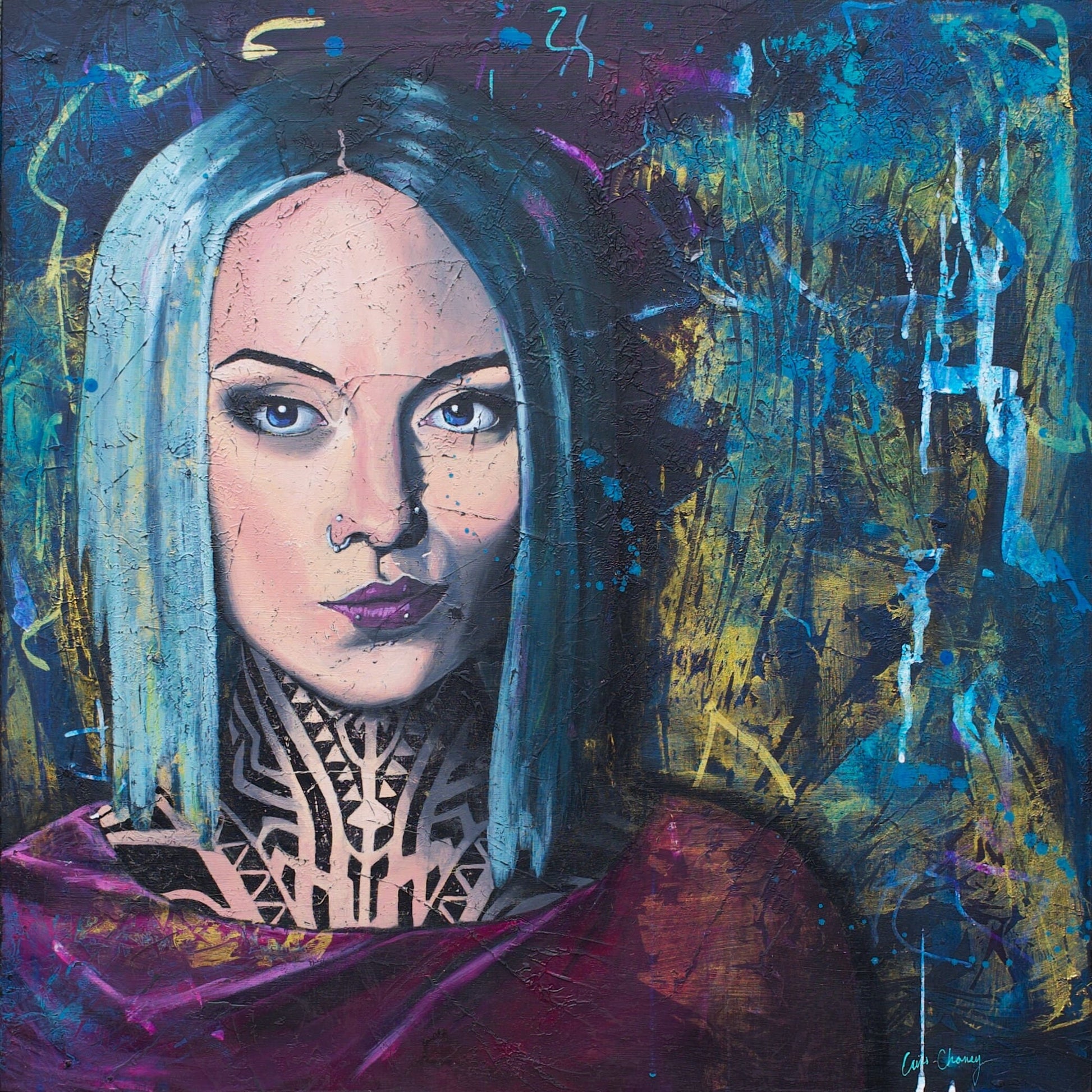portrait of Teya Salat, portrait painting for sale of Woman with Neck Tattoos and Nose Ring by criss chaney