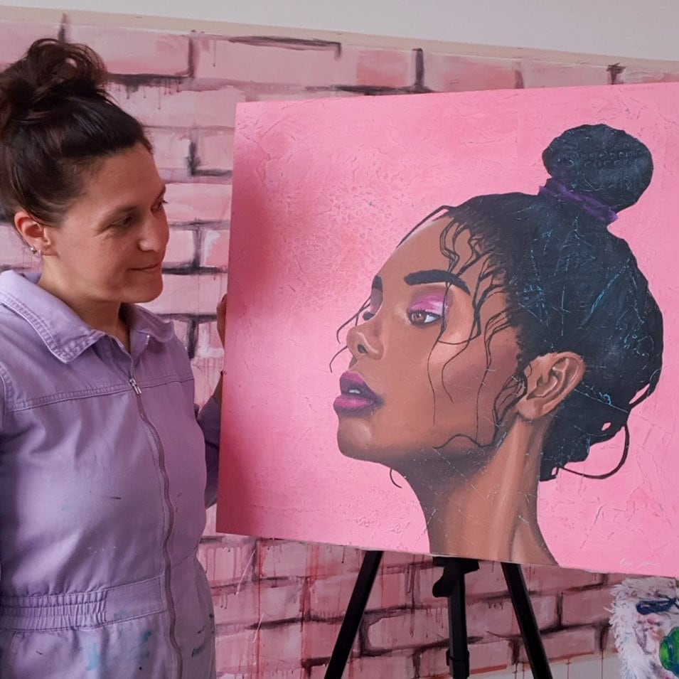 art melbourne paintings for sale portrait painting of Beautiful Black Woman on pink background melbourne wall art