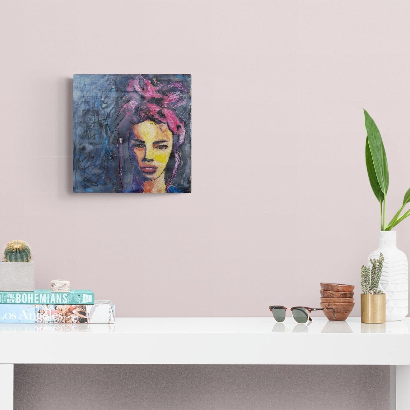 Encaustic portrait of a Womanwith pink hair Encaustic Art, Mixed Media Encaustic painting Small Art for Small Spaces artwork for sale