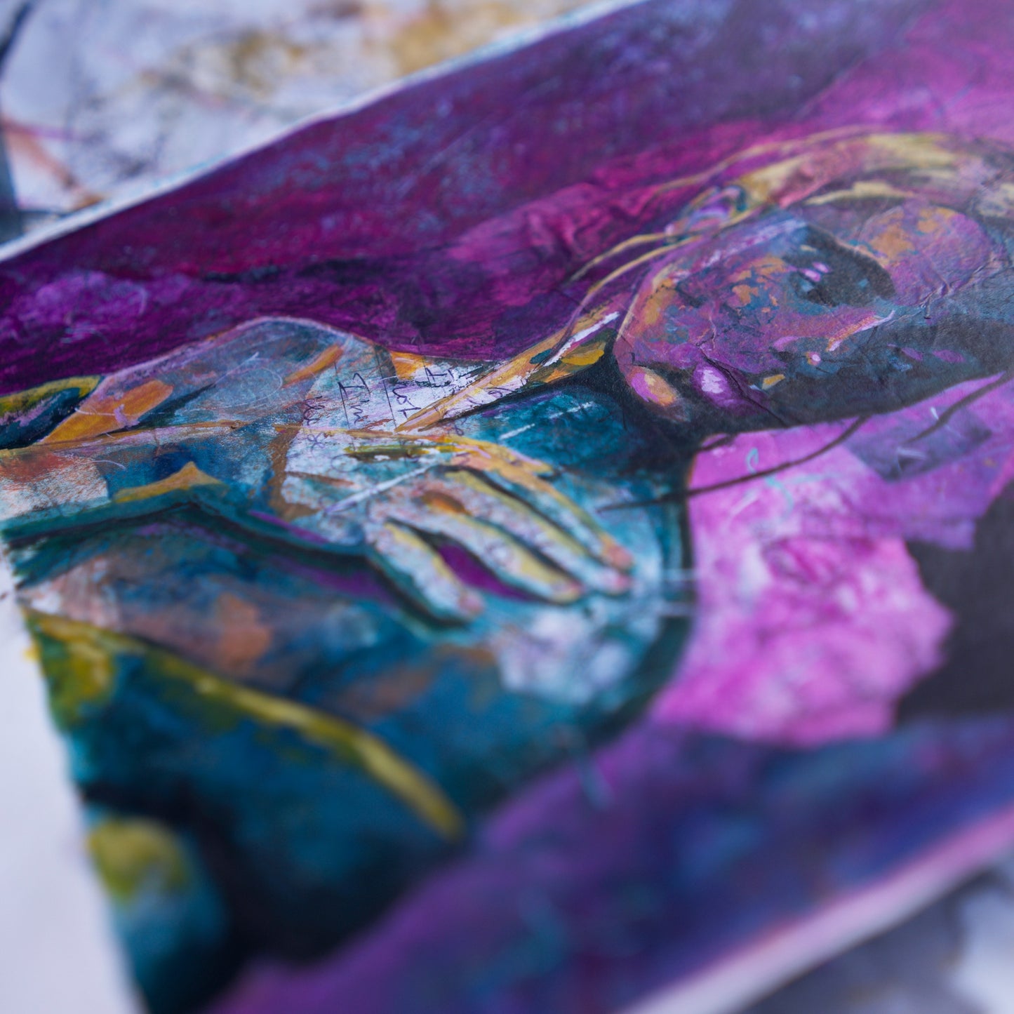 Abstract art portrait of a Woman on A4 Paper  'Into the Void' Pink, Magenta, Blue-Green melbourne wall art paintings for sale